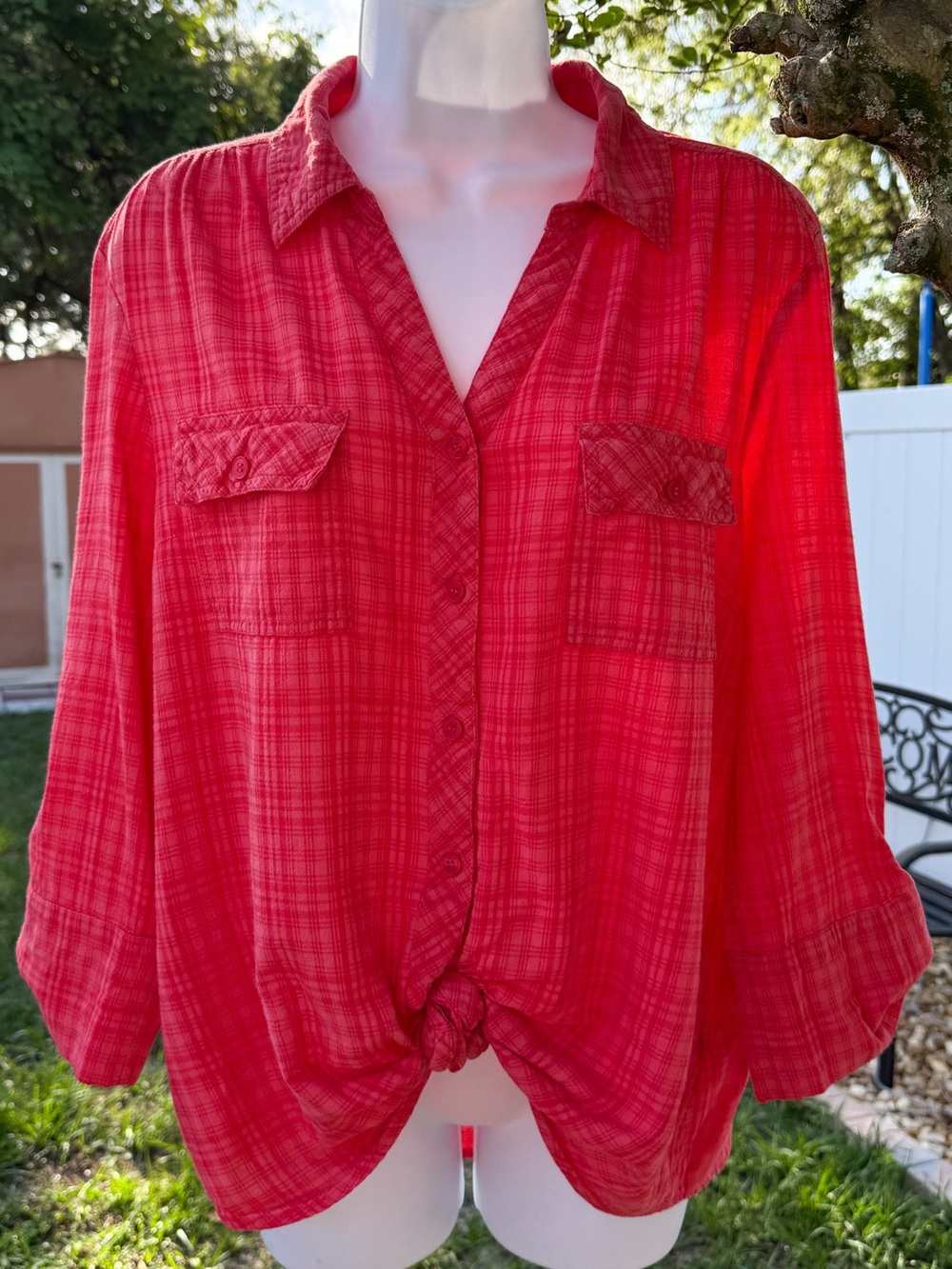 Croft & Barrow Gauze Plaid Button Up Shirt Women’s Large Pink Roll Tab Sleeve